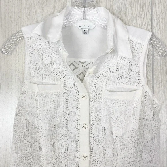 Cabi | White Button Down Lace Sleeveless Cluny Blouse Size XS - Picture 5 of 14